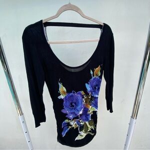 Y2K Caché Black & Purple Multicolor Floral Beaded Knit Top Size Medium